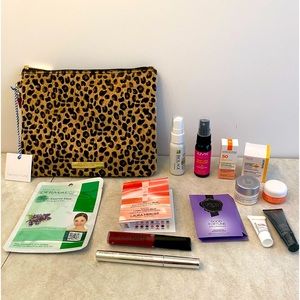 Faux cheetah print makeup bag with samples